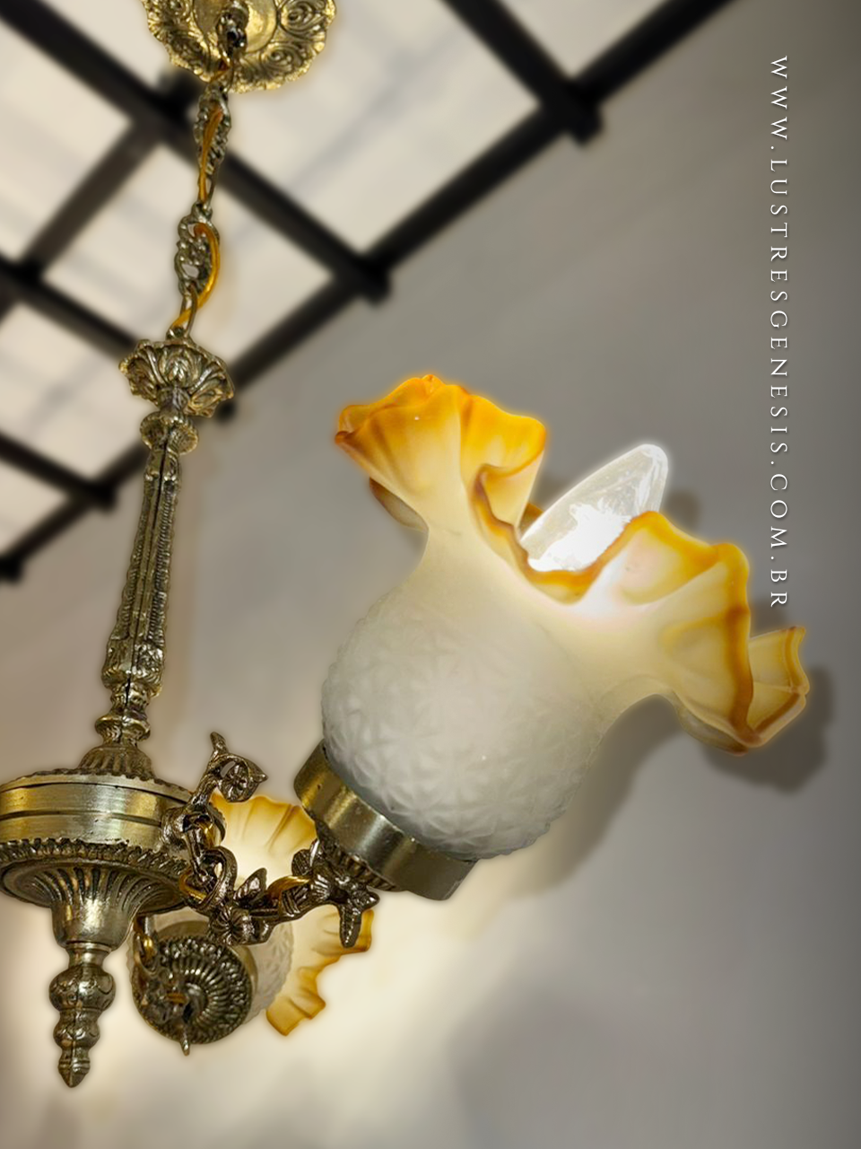 Lustre Pendente Bronze Antigo Vidro Flor &Acirc;mbar